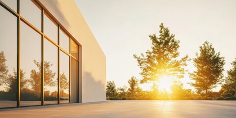 Leinwandbilder - Contemporary Glass Facade Office Complex Sleek Architectural Design with Landscaped Pathways for Sustainable Commercial Development and Business Innovation