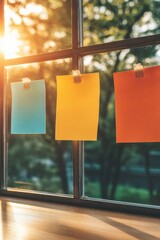 Poster - Sunlit Sticky Note Display on Rustic Wood Desk - Inspiring Creative Workflows for Modern Office Productivity and Collaborative Design in Professional Environments
