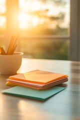 Leinwandbilder - Sunlit Co-Working Aesthetic Stack of Vibrant Sticky Notes and Markers in Modern Office - Inspiring Collaborative Workspace for Young Professionals and Creative Strategic Planning