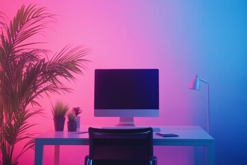 Leinwandbilder - Neon Workspace Modern Desk Setup with Digital Device and Potted Plants - Dynamic Office Design for Innovative Professional Environment and Creative Workflow Optimization