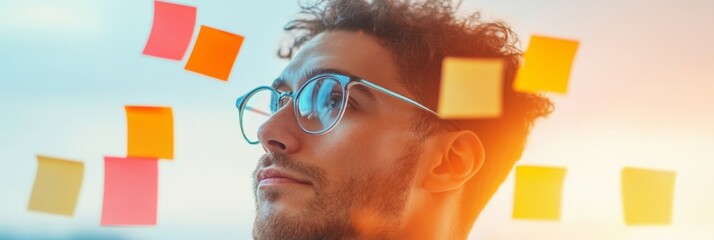 Fototapete - Dynamic Team Planning Young Professional with Sticky Notes and Glasses in Modern Tech Office - Corporate Strategy Visualization and Collaborative Workflow Enhancement