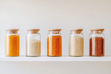 Fototapete - Minimalist Zero-Waste Kitchen Display Glass Jars with Assorted Grains on White Shelves Sustainable Living and Eco-Friendly Culinary Merchandising