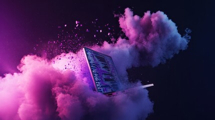abstract coding on laptop screen with colorful clouds background