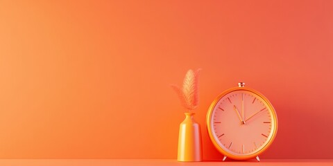 Poster - Minimalist Workspace Decor Orange Clock and Vase on Coral Background Contemporary Office Aesthetics for Trendy Branding and Visual Appeal in Modern Workspaces