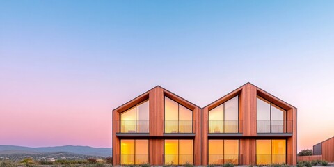 Aufkleber - Modern Scandinavian Architecture Wooden Tiered Balconies on Sunset-Faced Apartments - Urban Real Estate Marketing and Sustainable Development Showcase