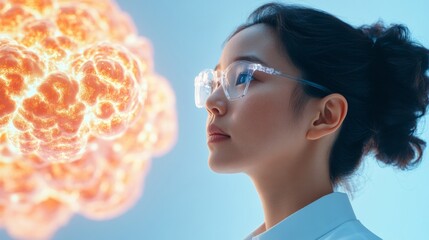 Aufkleber - Futuristic Research Aesthetic Asian Female Scientist Analyzing Holographic Data with Advanced Transparent Displays - Innovation in Scientific Tech for Breakthrough Discoveries