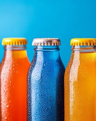 Aufkleber - Eco-Chic Beverage Display Condensation-Covered Glass Bottles on Rustic Wood - Global Drink Selection for Trendy Marketing and Sustainable Refreshment