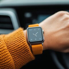 Fototapete - Contemporary Green Mobility Adaptive Smartwatch Interface and Minimalist EV Interior - Enhanced Digital Accessibility and Clean Tech Design for Sustainable Urban Life