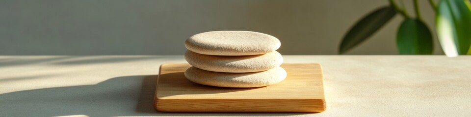 Aufkleber - Zen-Inspired Finance Smooth Stone Stack on Wooden Base with Greenery Modern Business Content and Mindful Wealth Management Visuals