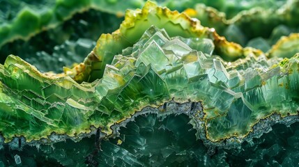 Fototapete - A striking display of layered green crystals reveals jagged edges and facets, reflecting natural light and showcasing vivid colors, showcasing Earth's mineral beauty and formation.