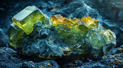 Fototapete - Shimmering green crystals are arranged atop a dark, textured rocky surface, illuminated by gentle natural light, creating a captivating display around sunrise.