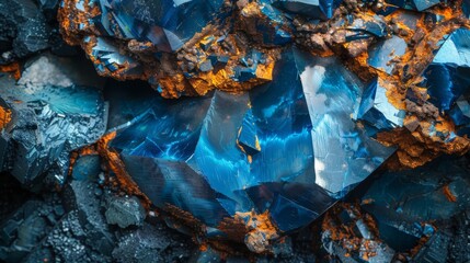 Fototapete - Intricate crystals exhibit striking blue hues amidst a backdrop of dark minerals, highlighting the beauty of geological formations in a natural environment.