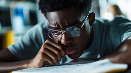 Leinwandbilder - A young man with glasses is looking at a piece of paper