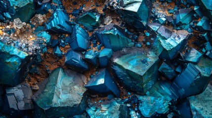 Fototapete - Brilliant blue mineral crystals cluster together, exhibiting sharp edges and rich color variations, illuminated by light to reveal their natural beauty in a dynamic setting.