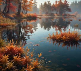 Sticker - Floating dead aquatic plants on a calm autumn lake surface, drift, algae, landscape