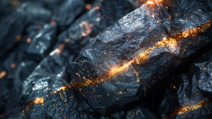 Fototapete - Intricate patterns of glimmering minerals emerge from the depths of dark rock surfaces, showcasing a captivating blend of textures and colors in this detailed composition.
