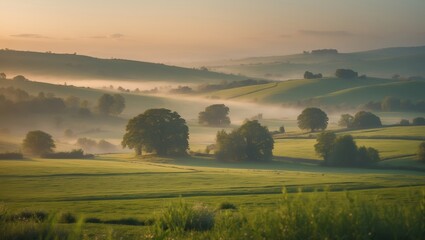 Wall Mural - misty early morning landscape with rolling hills and trees in a serene countryside setting