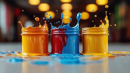 Canvas Print - Colorful paint splashes from open jars, studio setting