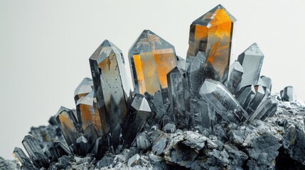 Poster - A stunning arrangement of quartz crystals showcases sharp, pointed formations with reflective surfaces that catch light beautifully, enhancing their striking colors and details.