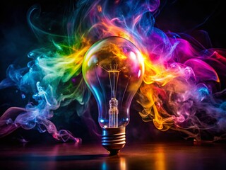 Wall Mural - glowing lightbulb in vibrant smoke - surreal photography stock photo