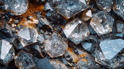 Fototapete - Beautifully formed crystals showcase their geometric shapes resting on a mineral rich surface, reflecting natural light in an outdoor environment filled with textures.