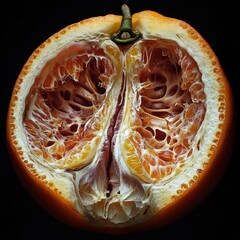 Wall Mural - single ripe orange cut in half, revealing the juicy interior against a dark background