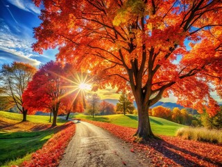 Wall Mural - Golden Autumn Landscape: Majestic Trees & Vibrant Leaves Stock Photo