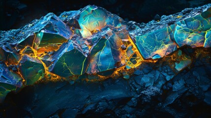 Poster - Shimmering opal crystals show vibrant hues of blue, green, and orange amidst dark rocky terrain, showcasing their unique structure and beauty under light conditions.