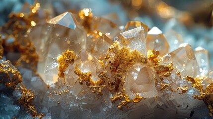 Poster - Crystalline formations of quartz glimmer with vibrant gold accents, showcasing their natural beauty and intricate details in bright natural light.