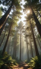 Sticker - Dense forest with towering pine trees and sunlight filtering through the canopy, green, forest, peaks