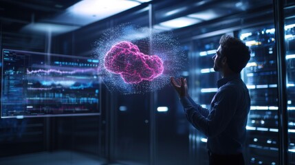 Poster - A man is looking at a computer screen with a pink cloud on it