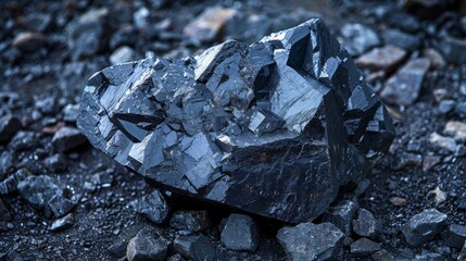Fototapete - A large black mineral stone is situated among smaller rocks, exhibiting sharp crystal edges and a glossy surface, capturing the warm glow of the setting sun in an outdoor setting.