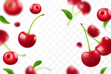 Wall Mural - cherry background. flying berries with blurry effect. red cherries falling on transparent background