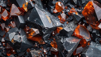 Fototapete - Close up shot highlights striking black and orange mineral crystals, revealing fascinating patterns and glimmering surfaces, set against a dark background to enhance their brilliance