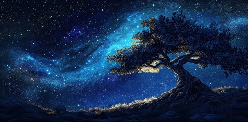 Wall Mural - Solitary tree stands beneath a breathtaking starlit galactic sky