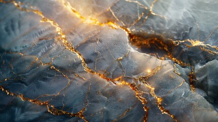 Fototapete - Cracked ice reveals intricate patterns and glowing veins of light blending with the natural ice texture at twilight, creating a breathtaking visual effect.