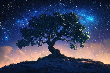 Wall Mural - Majestic tree stands silhouetted against a dazzling starry sky