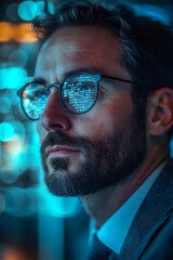 Wall Mural - businessman wearing futuristic glasses analyzing data code reflecting in lenses at night