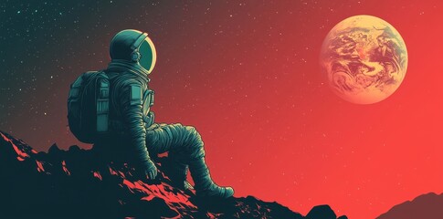Wall Mural - astronaut sitting on a planet looking at earth in space