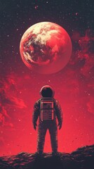 Wall Mural - astronaut stands on a planet gazing at a red moon