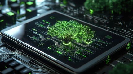 Poster - A tablet with a tree on it is displayed on a circuit board