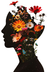 Wall Mural - PNG Silhouette head with colorful flowers art painting plant.