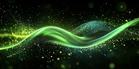 Wall Mural - dynamic green wave pattern with glowing particles creates a mesmerizing visual experience in a dark 