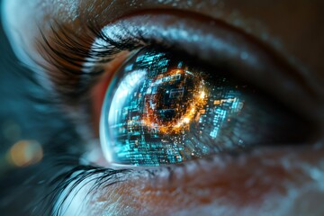 Poster - Human eye reflecting futuristic digital information and computer data