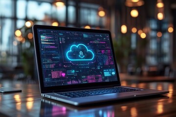 Wall Mural - cloud computing data storage downloading on laptop in blurred background