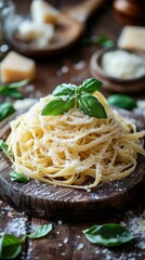 Wall Mural - Delicious tagliatelle pasta with grated cheese and basil leaves on rustic wooden board