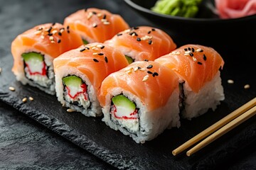 Wall Mural - Philadelphia uramaki sushi rolls with salmon, avocado, cream cheese and sesame seeds on black stone plate