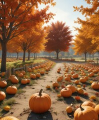 fall foliage with a pumpkin patch in the background , seasonal, autumn