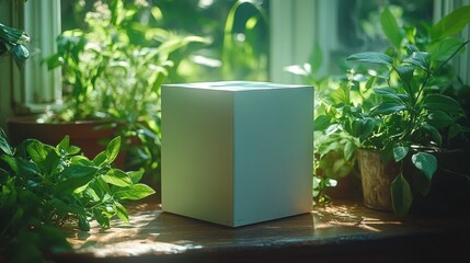 Wall Mural - Empty box on windowsill, surrounded by plants, sunlight