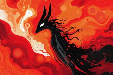 Poster - Abstract dragon in red orange and black watercolor paint